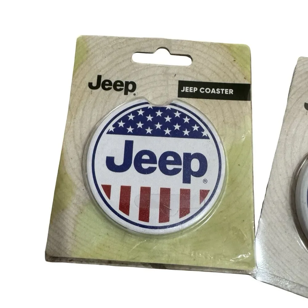 NIP Jeep Logo Car Cup Holder Coaster Set Of 2 Red White And Blue Flag American